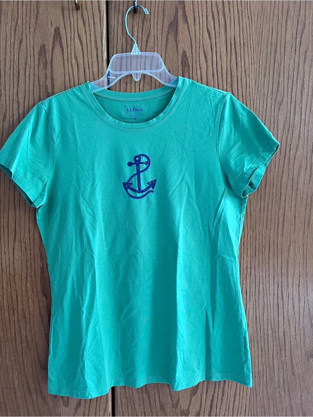 L.L. Bean Lime Green Tee with Navy Anchor Graphic Motif